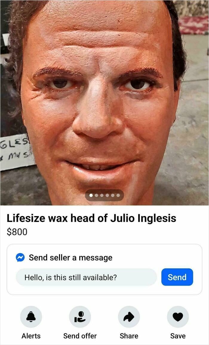 Lifesize bizarre wax head listed for sale online as part of wild and unusual listings found on marketplace.