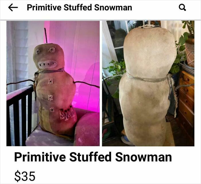 Primitive stuffed snowman with stitched features, a quirky vintage look, listed among bizarre online sales.