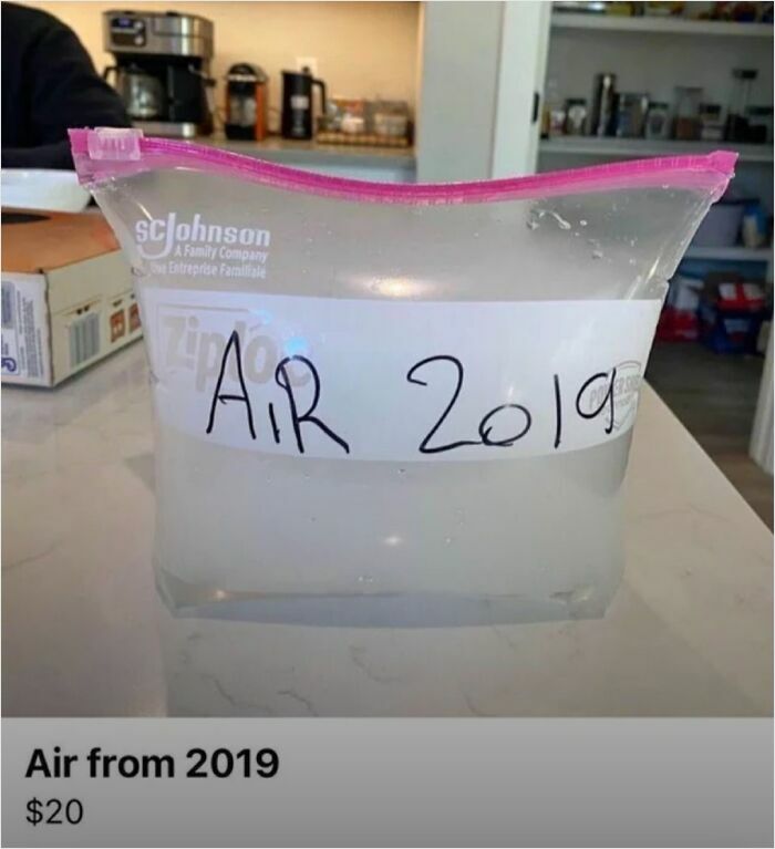 Plastic ziplock bag labeled Air 2019 filled with air, an example of bizarre things people are selling online.