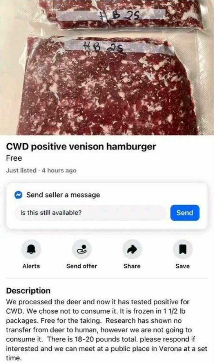 Vacuum-sealed CWD positive venison hamburger listed online as part of bizarre things people are selling.