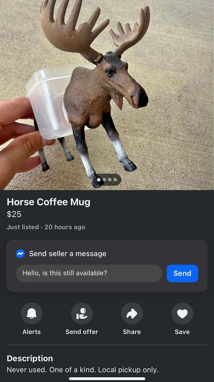 Unusual coffee mug shaped like a moose with antlers, listed among bizarre things people are selling online.