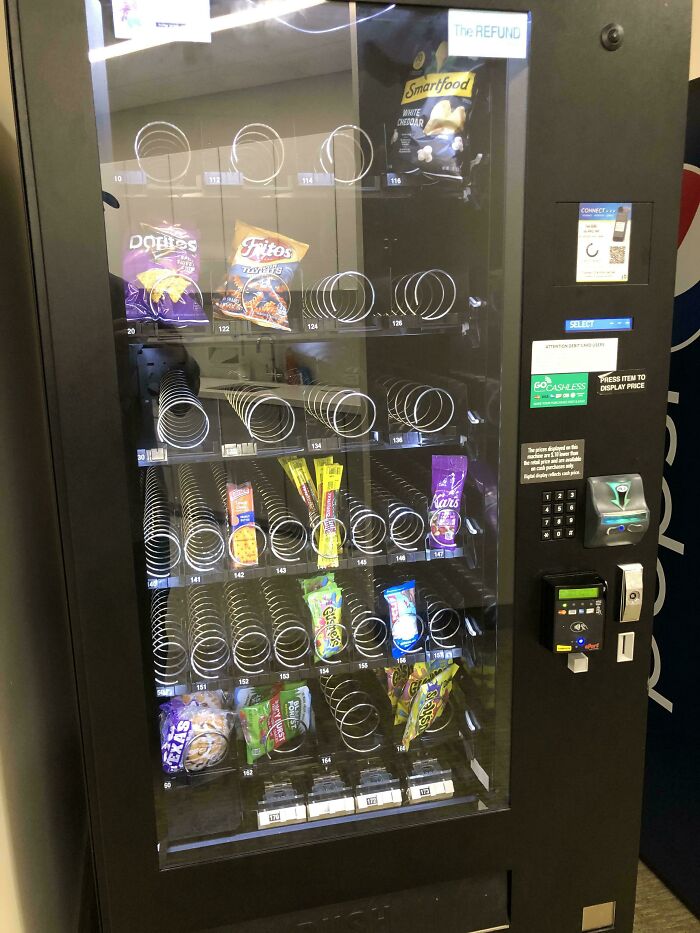Workplace vending machine with mostly empty slots, reflecting challenges employees face with workplace amenities today.