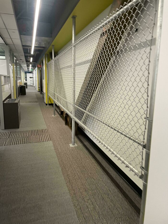 Office hallway with chain-link fence and yellow walls illustrating unusual workplace environment frustrations.
