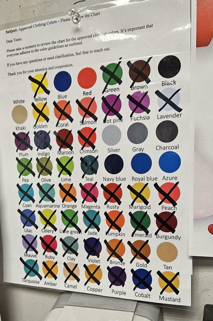 Workplace photo of a clothing color chart with many colors crossed out, illustrating changing workplace rules.