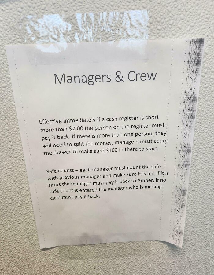 A printed notice for managers and crew outlining cash register and safe count policies in a workplace setting.