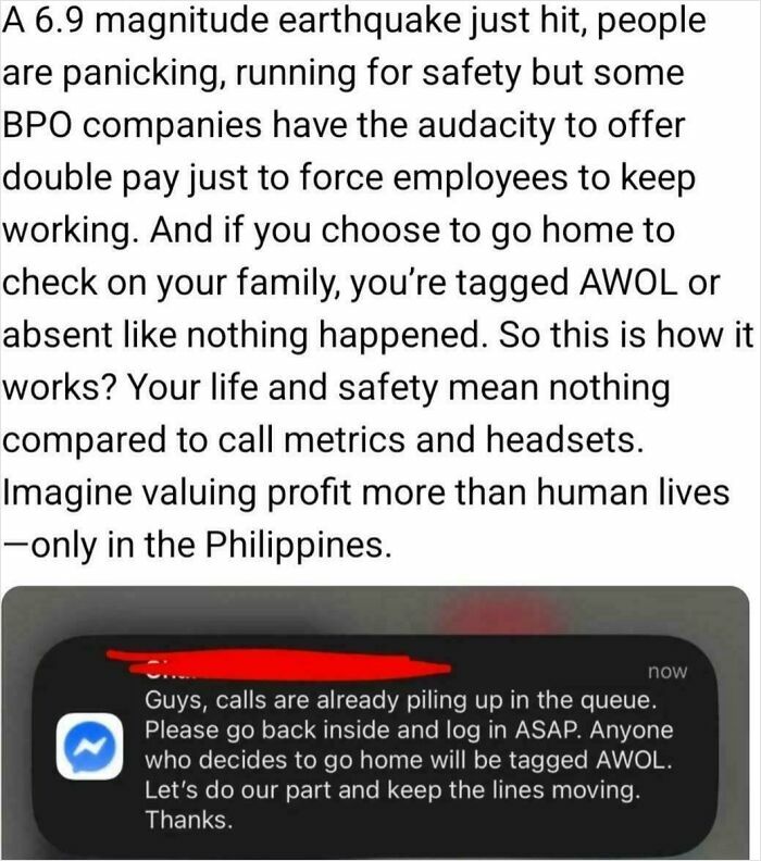 Text screenshot showing workplace demands during an earthquake exposing why no one wants to work anymore in call centers.