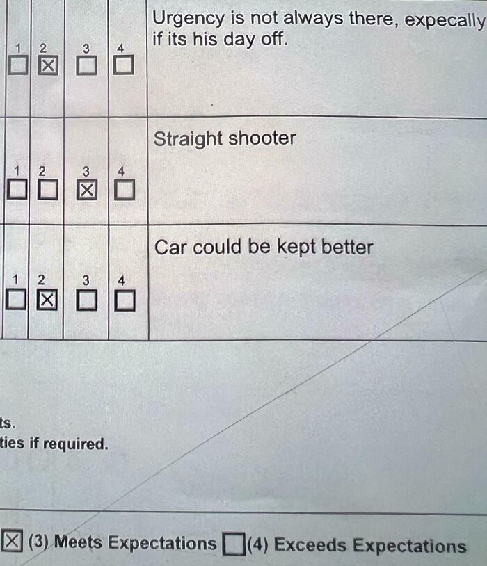 Workplace performance review form showing mediocre ratings and comments about urgency and car maintenance issues.