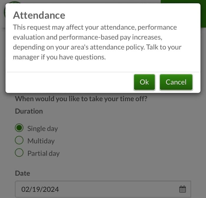 Attendance warning about impact on performance-based pay increases shown on a workplace time off request screen.
