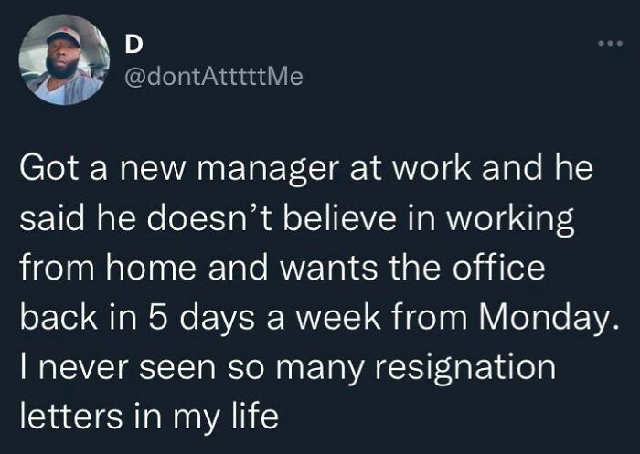 Screenshot of a social media post about a manager opposing work from home, causing many employee resignations in the workplace.
