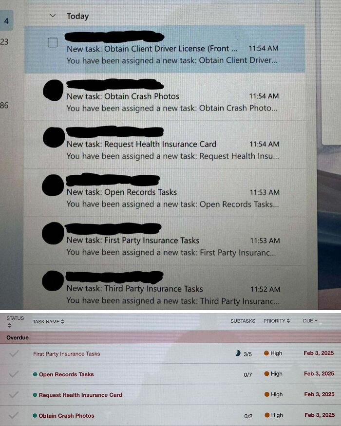 Task list showing multiple high-priority workplace assignments overdue, illustrating why no one wants to work anymore.