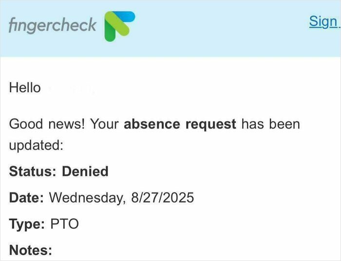 Absence request denied on employee PTO system screen, highlighting workplace frustrations causing low motivation to work.
