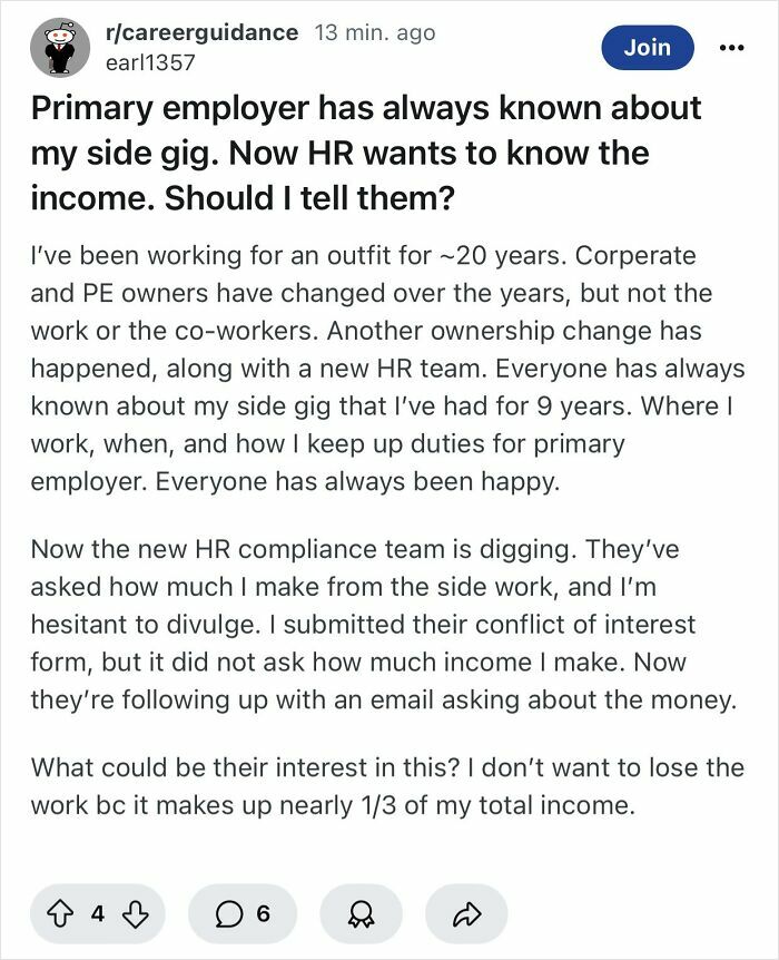 Reddit post about workplace raise and HR inquiry on side gig income amid changing employer policies.