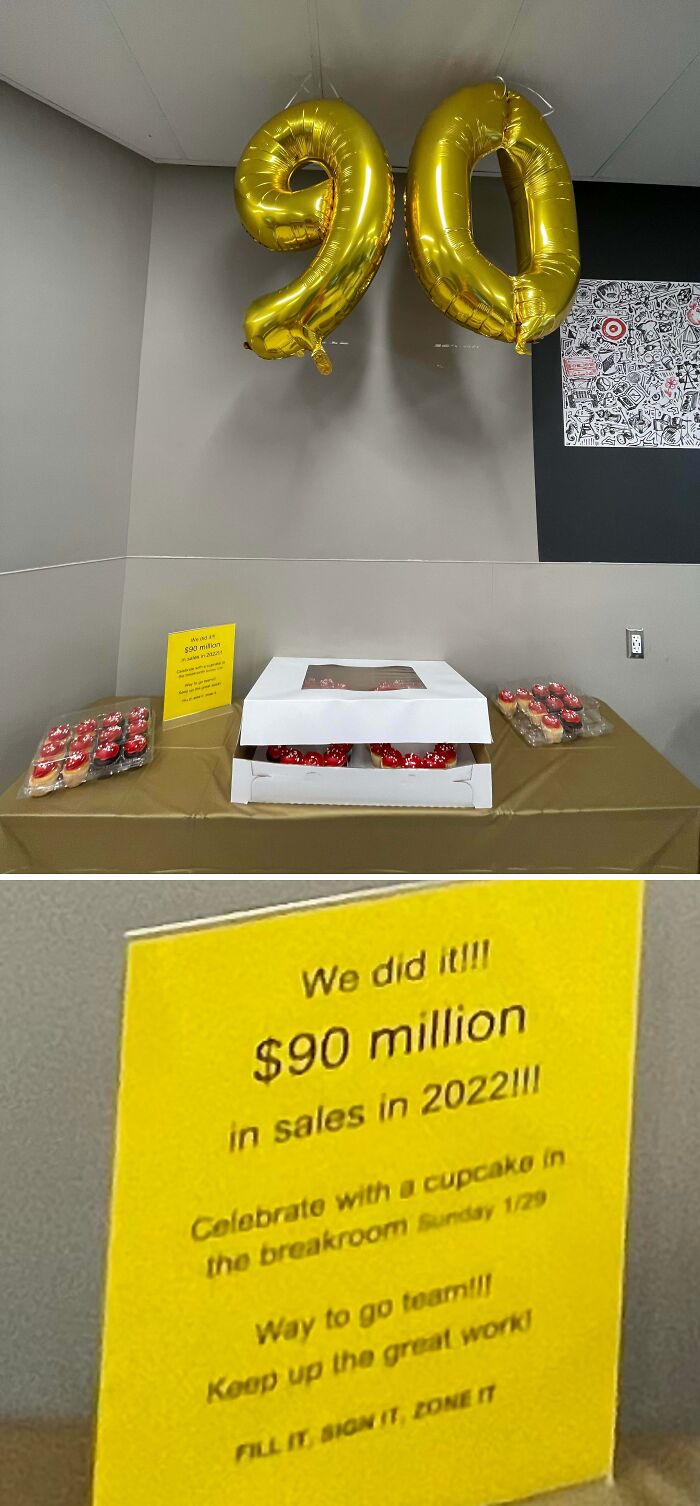 Gold balloons showing 90 with cupcakes and a sign celebrating $90 million in sales, highlighting workplace motivation and achievements.