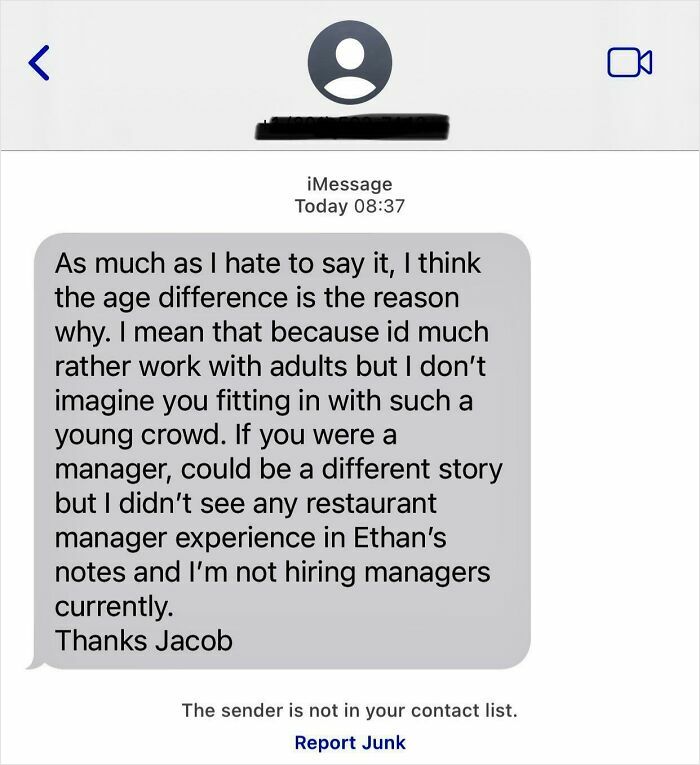 Text message discussing workplace age differences and hiring challenges, illustrating why no one wants to work anymore.