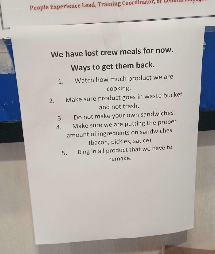 Sign listing rules to get crew meals back, illustrating workplace frustrations and reasons why no one wants to work anymore.