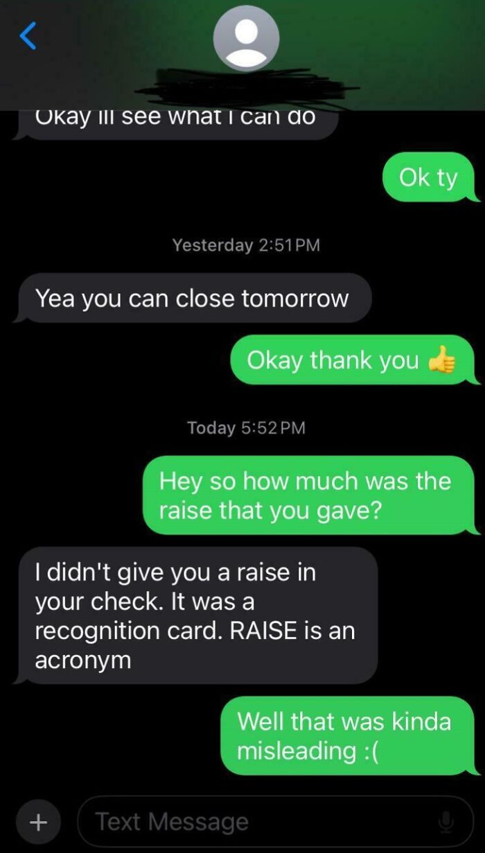 Text message exchange showing confusion over raise meaning in workplace, highlighting why no one wants to work anymore.