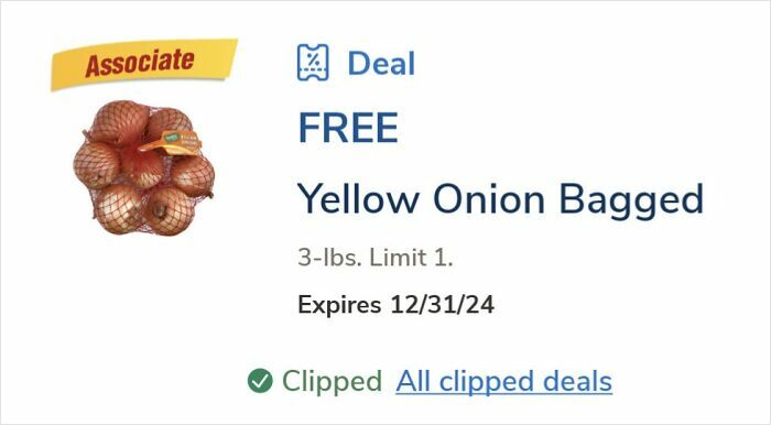 Free deal for yellow onion bagged 3-lbs with 1 limit, highlighting workplace product promotions and job perks.