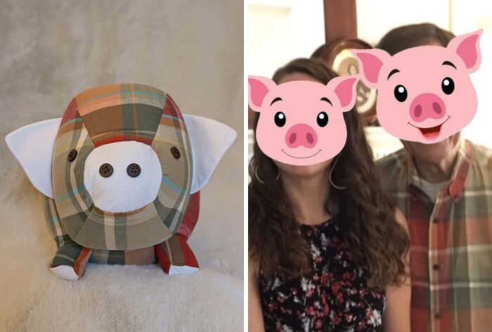 Plaid fabric DIY pig plush with button eyes beside two people showing their DIY wins and healing journey.