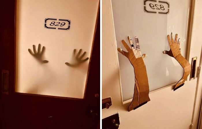 Shadow of hands on frosted glass door and cardboard DIY hands attached to door, showcasing creative DIY wins and healing projects.