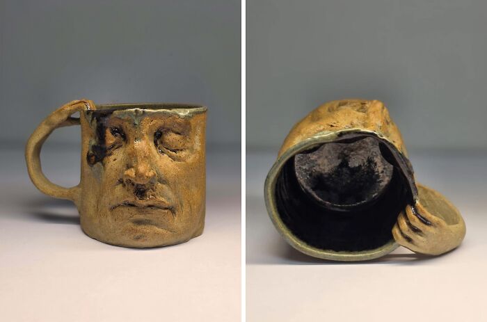 Handcrafted DIY ceramic mug with a detailed human face design, showcasing artistic creativity and unique DIY wins.