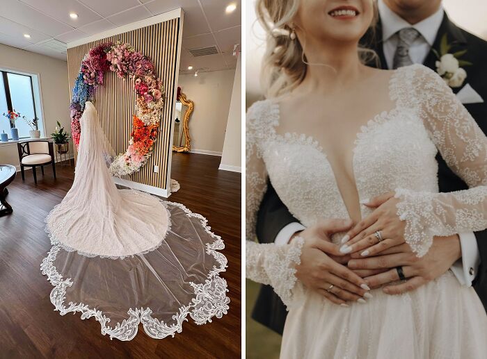 Bride wearing a DIY wedding dress with lace details and floral decor, showcasing creative DIY wins in wedding fashion.