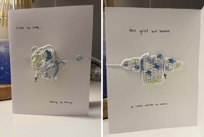 Handmade embroidered cards showing a DIY healing project with yarn and stitching symbolizing gradual progress and comfort.