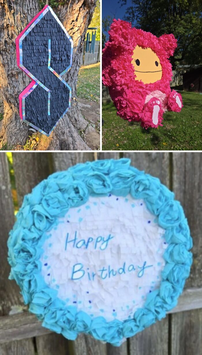 Three colorful DIY piñatas hanging outdoors, showcasing creative wins in handmade decorations.