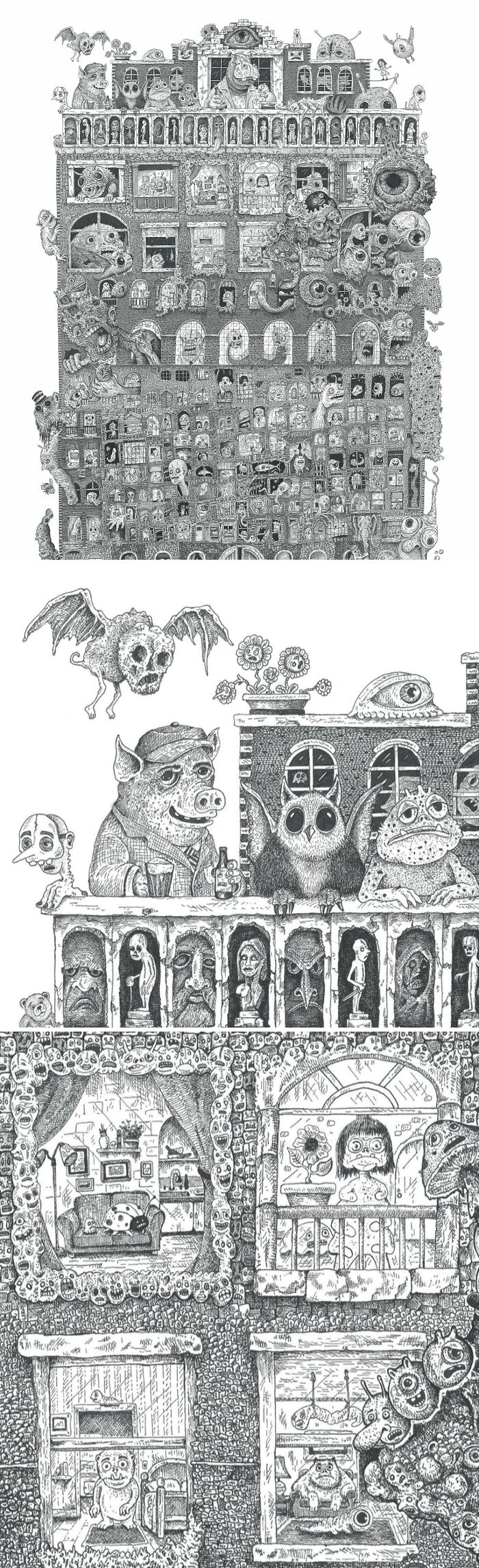 Intricate black and white drawing of a whimsical DIY building filled with quirky creatures and detailed tiny rooms.