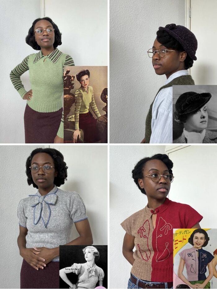 Person wearing four different vintage-style knitwear pieces, showcasing successful DIY wins in knitting and fashion projects.