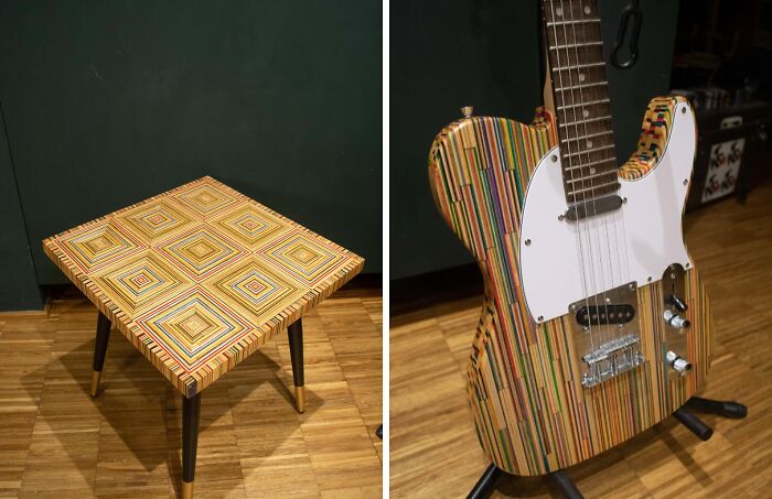 Handmade wooden table and electric guitar with colorful striped DIY design, showcasing creative DIY wins and craftsmanship.