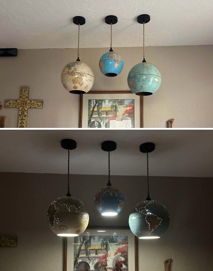 DIY wins shown in creative globe pendant lights with punched holes, pictured in both daylight and nighttime settings.
