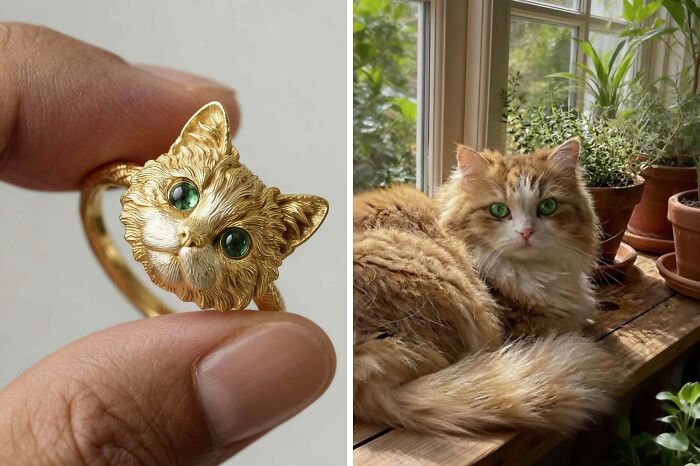 Handcrafted gold cat ring held between fingers and a fluffy orange cat with green eyes resting by a window with plants DIY wins.