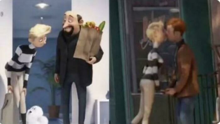 A split animated image showing a man carrying groceries and a blonde character on the left, and the blonde character kissing a man on the right. Hilarious movie details.