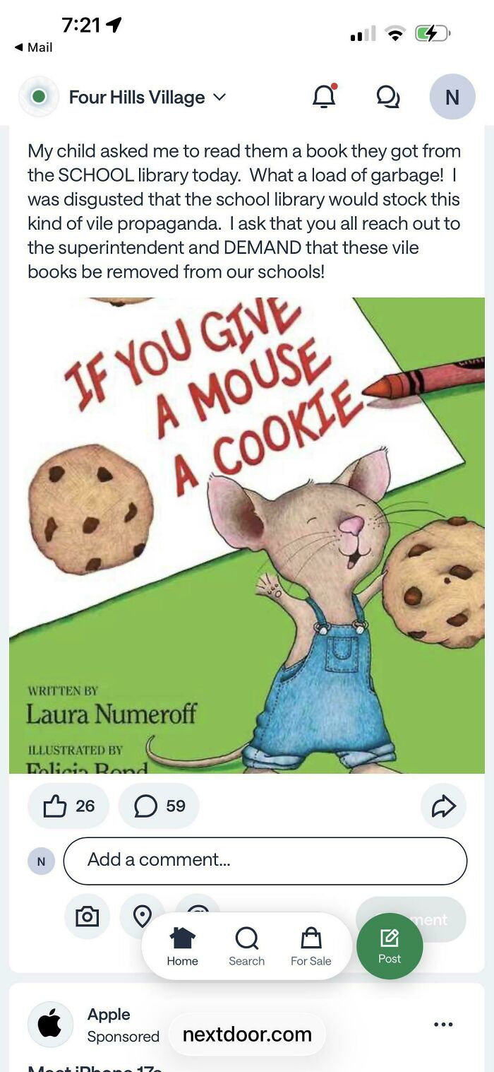 Hilarious screenshot from a neighborhood online community about a parent protesting the childrens book If You Give a Mouse a Cookie.