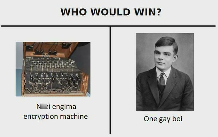Comparison meme showing an old encryption machine versus a young man, highlighting the struggle of debugging in programming.