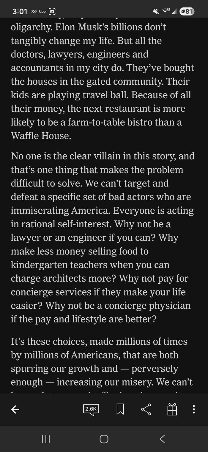 Text on a phone screen discussing how consumerism and wealth disparity impact society and price difference.