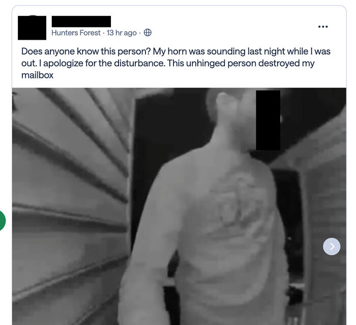 A black-and-white screenshot from a neighborhood online community showing a person at a doorstep, captioned about a destroyed mailbox.