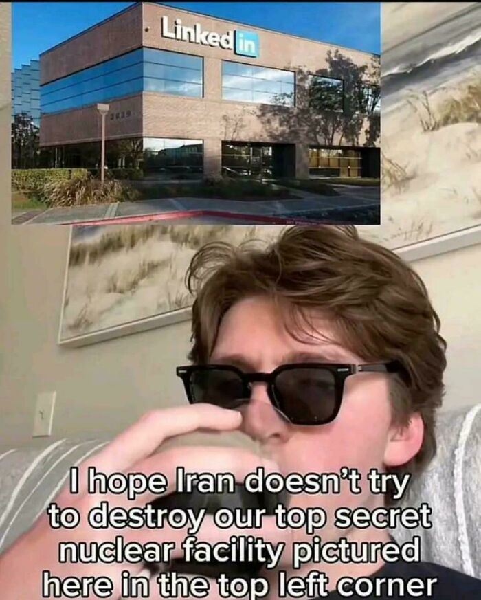 A man in sunglasses drinking from a mug, with the LinkedIn building above, joking about a new job's security.