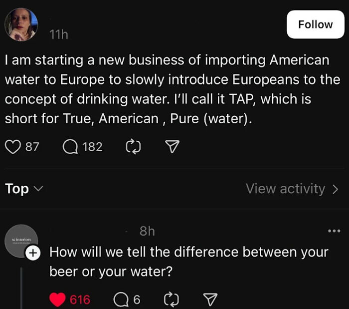 A comment thread showing how Americans Confidently Posted an idea to import TAP water to Europe.