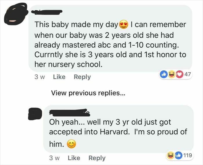 Funny social media comments showing cringeworthy parenting bragging moments for a cringe photo collection.