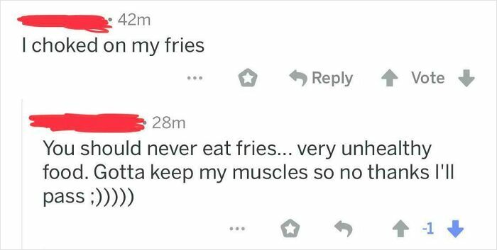 Redacted user comments about choking on fries and avoiding unhealthy food to keep muscles, illustrating cringeworthy moments.
