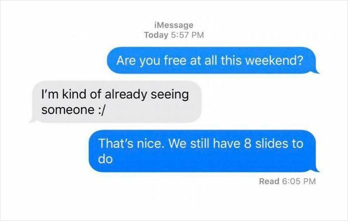 Text message conversation showing a cringeworthy moment where personal and work topics get awkwardly mixed.