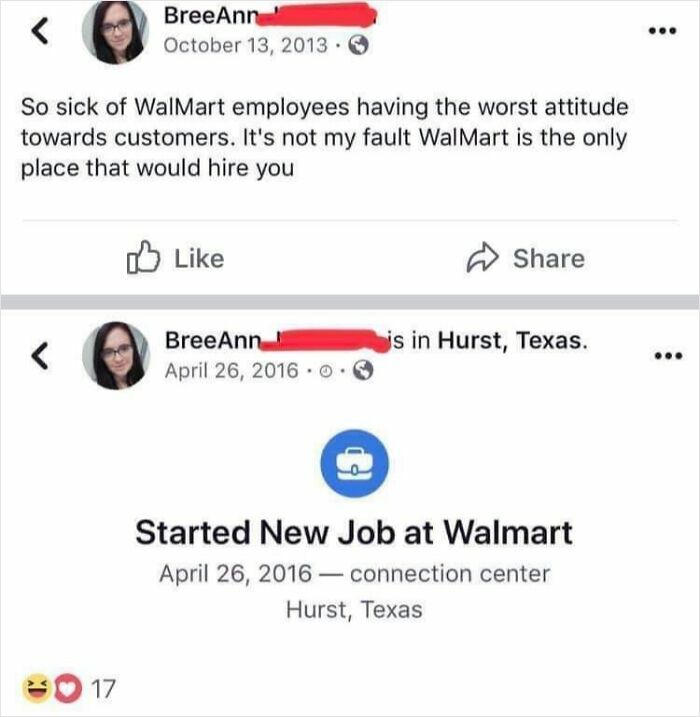 Screenshot of social media posts showing Walmart employee attitude complaints and starting a new job at Walmart.