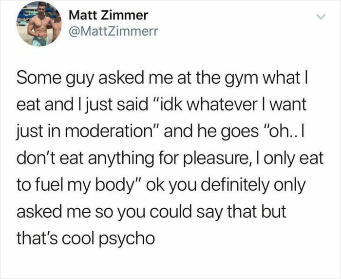 Screenshot of a cringe-worthy gym conversation text post highlighting awkward social interactions and cringe moments.