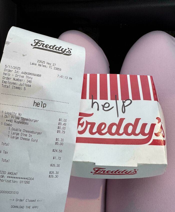 Freddy's fast food box and receipt both showing the word help written, creating a creepy and weird photo effect.