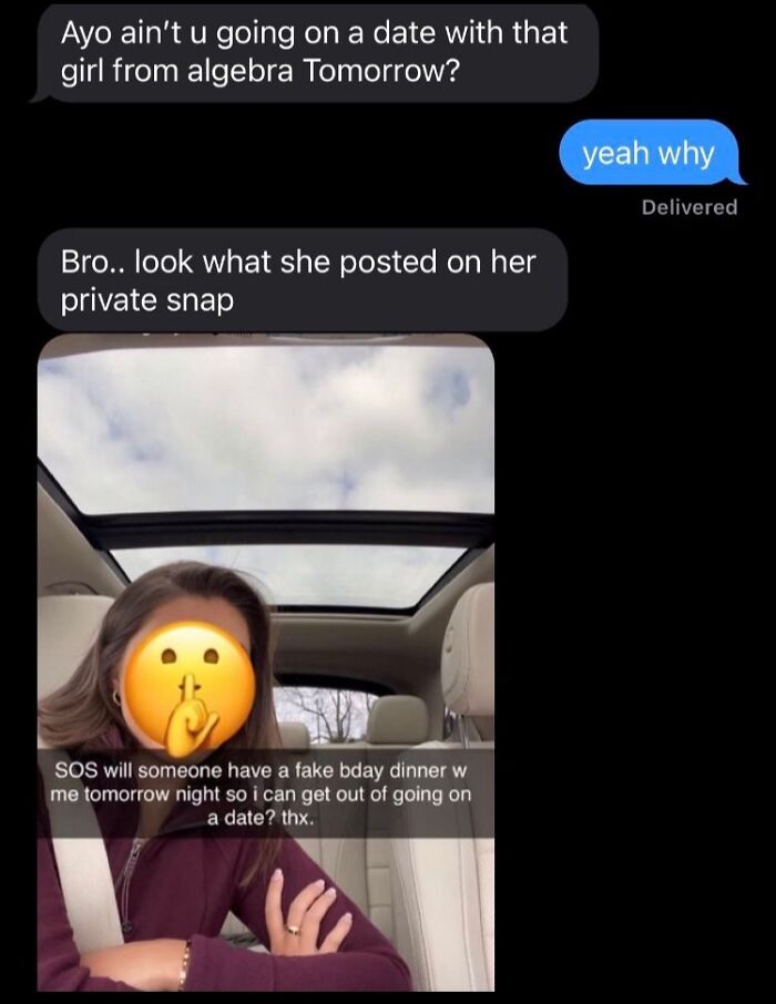 Text conversation about cringe-worthy date situation with a photo of a person requesting a fake birthday dinner on social media.