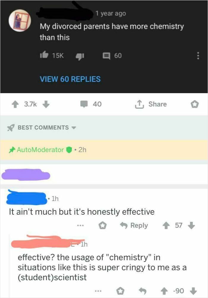 Reddit comments discussing the cringy use of the word chemistry in a funny social media exchange.