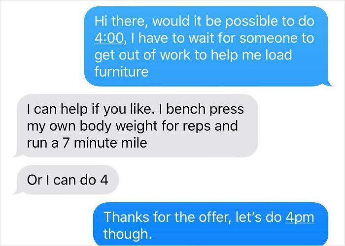 Text message conversation showing a cringeworthy misunderstanding about helping to load furniture at 4 pm.