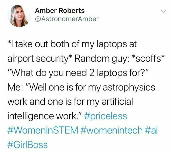 Tweet about carrying two laptops for astrophysics and artificial intelligence work, highlighting women in tech and STEM achievements.
