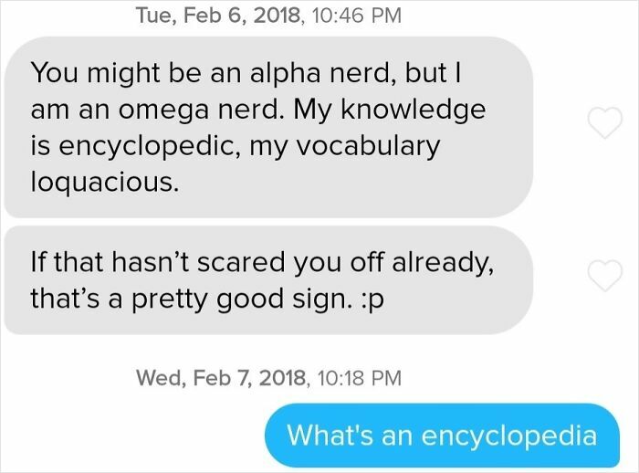 Text message exchange showing a cringe-worthy conversation about being an alpha and omega nerd with confusing vocabulary.